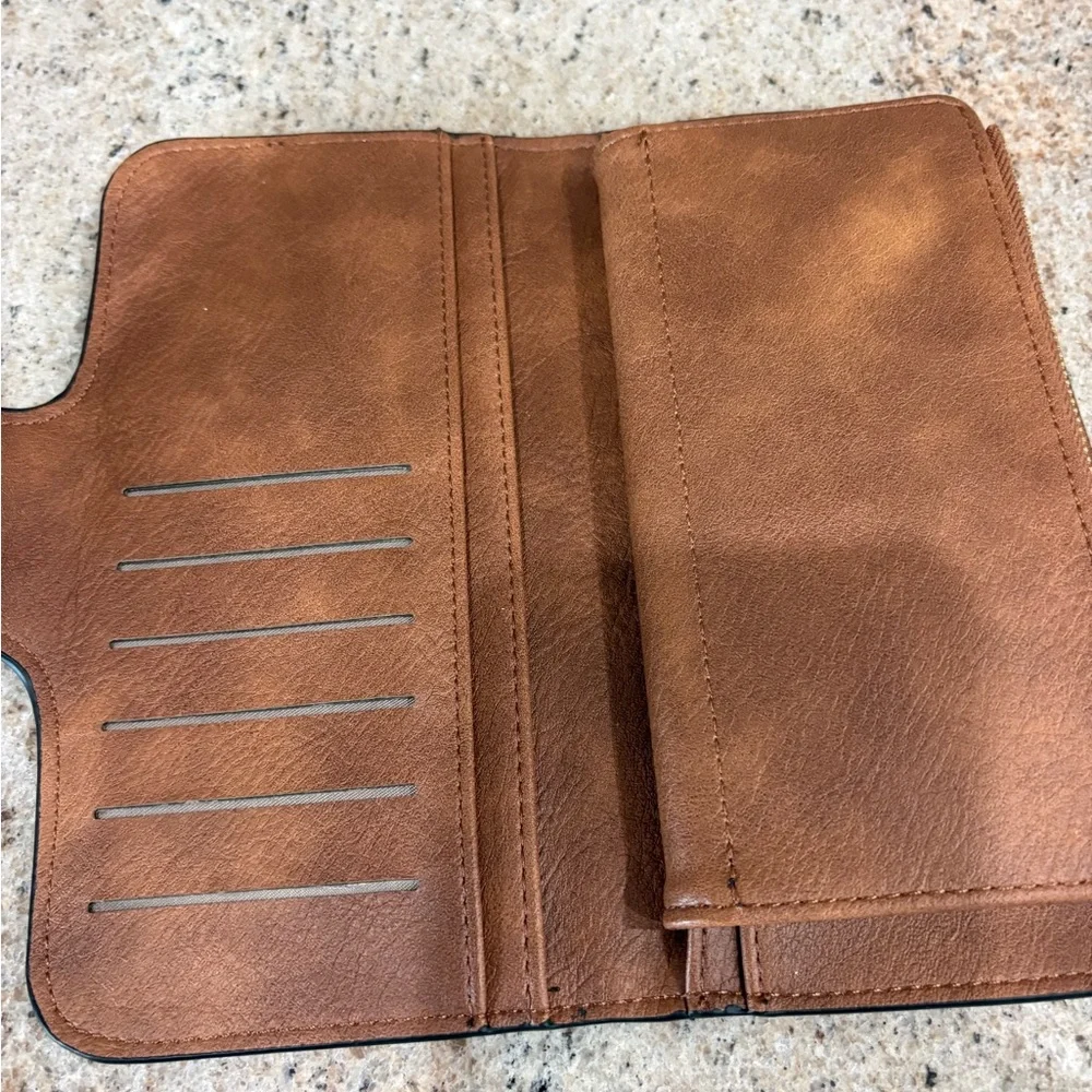 Women's Tan Zip-Around Wallet Clutch with Snap Strap